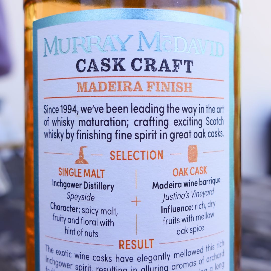 Murray McDavid Cask Craft Inchgower Madeira Finish back label detail describing the character of the malt and the influence of the oak