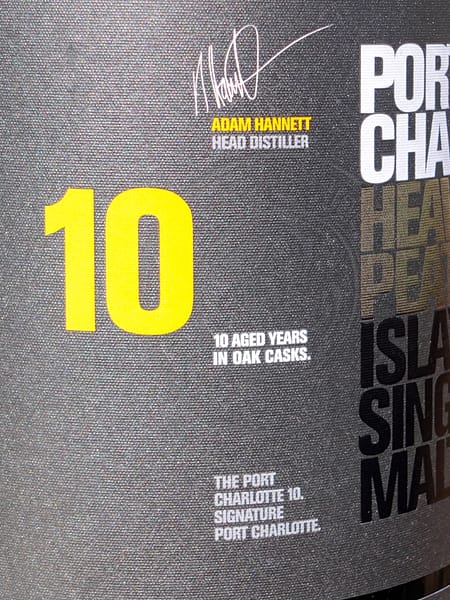 Port Charlotte 10 Heavily Peated - Label detail highlighting the yellow 10