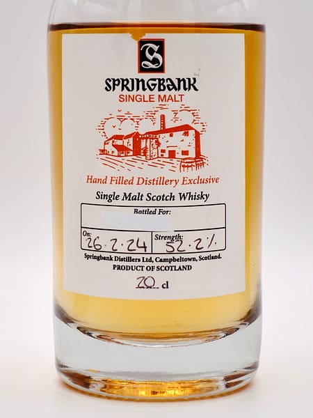 Springbank Distillery hand-filled exclusive 0.2 L Springbank bottle label showing the 52.2% abv