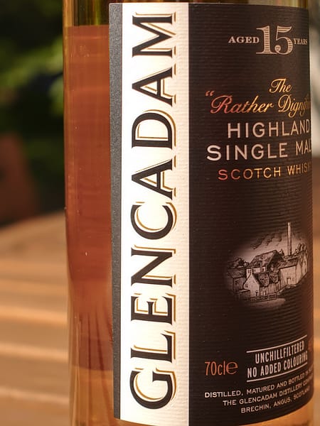 Glencadam 15 year old single malt bottle label detail showing the Glencadam branding