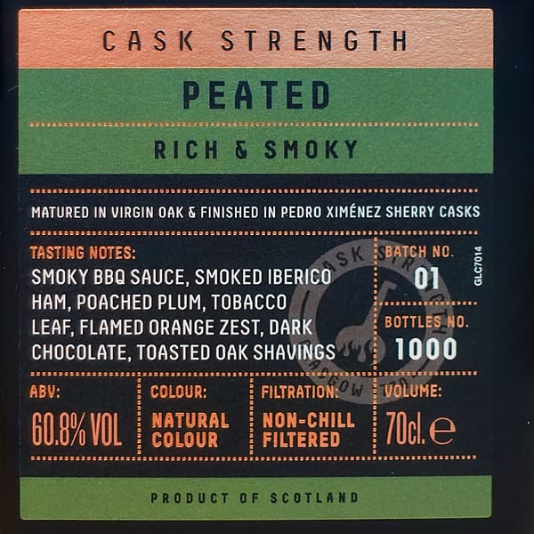 Glasgow 1770 Peated Cask Strength box detail, showing the batch number, abv, maturation details and tasting notes
