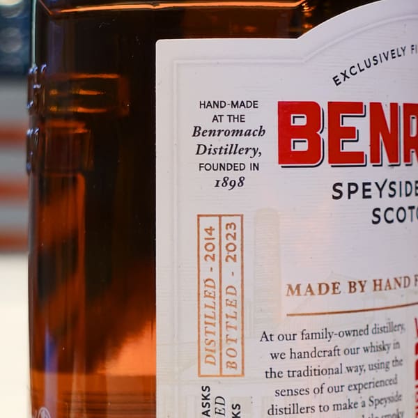 Benromach Cask Strength 2014 vintage label detail showing the distillation vintage (2014) and bottling year (2023)