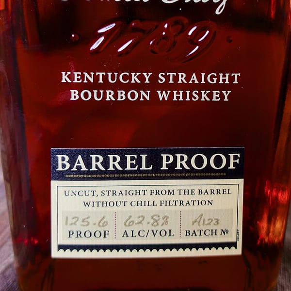 Elijah Craig Barrel Proof 12 Year Old Bourbon label detail showing the batch number, A123, and the proof, 62.8%