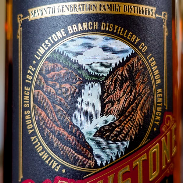 Yellowstone Hand Picked Single Barrel label detail showing an image of a waterfall