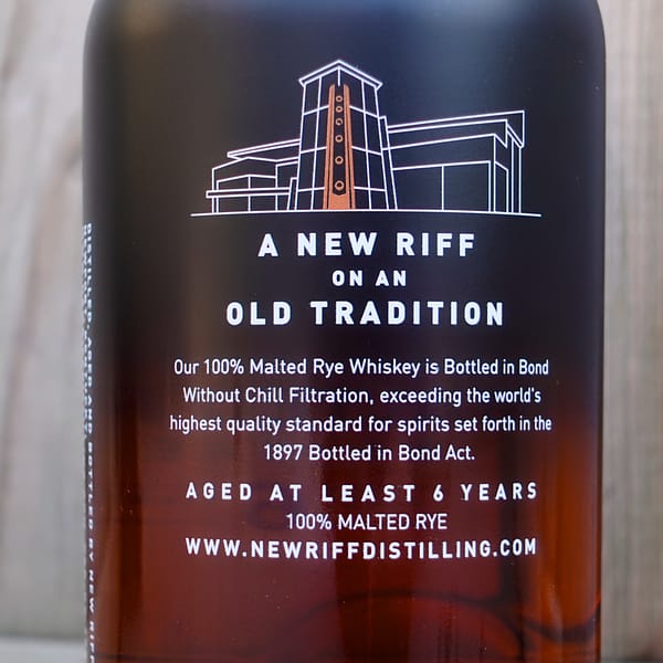 New Riff 100% Malted Rye back label, showing the production details