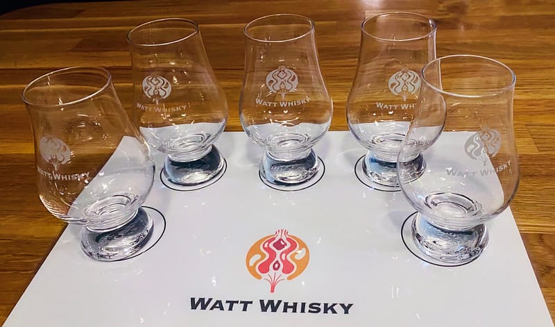 Watt Whisky tasting placemat set up with Glencairn glasses