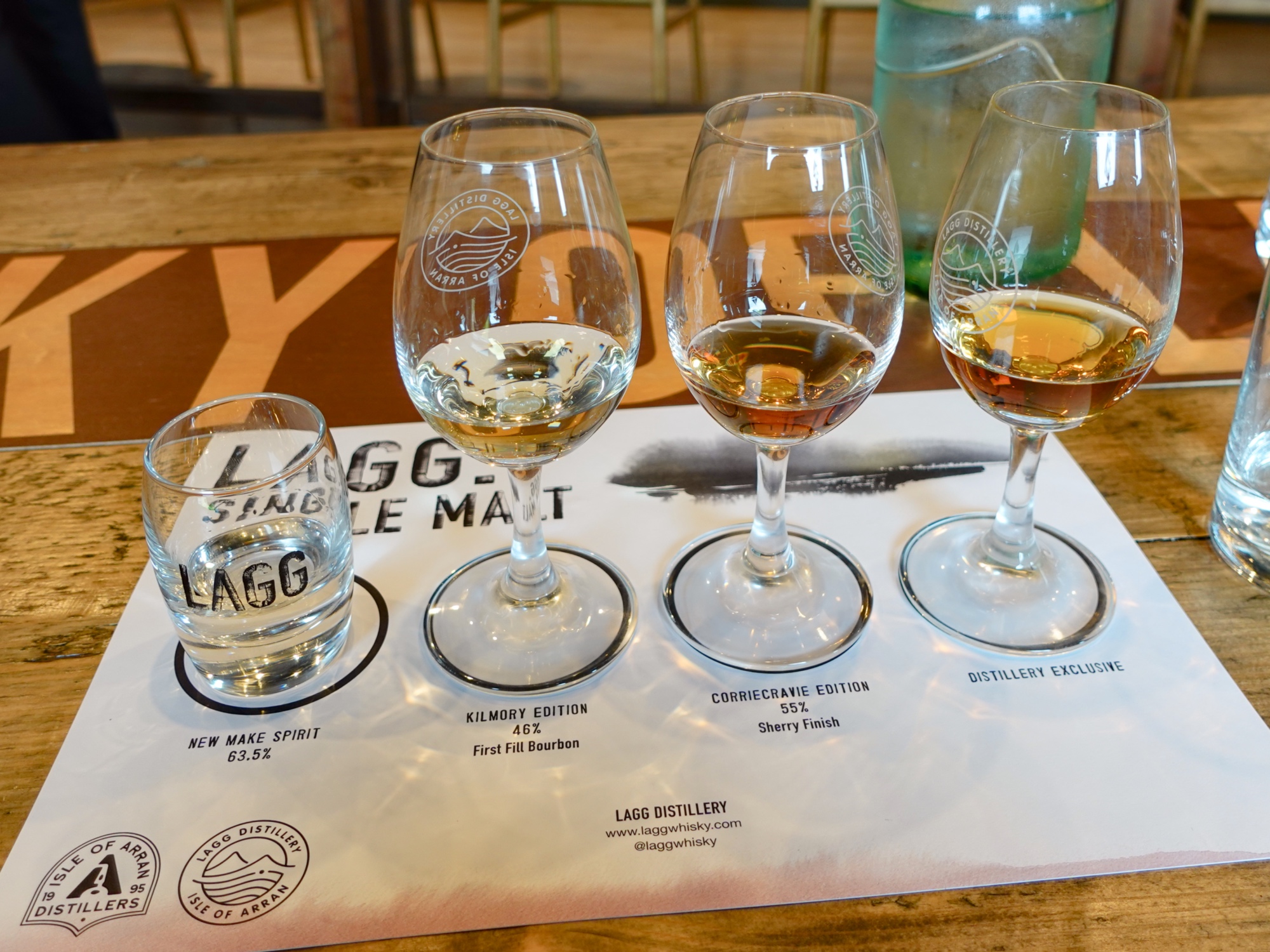 Lagg sitillery tour tasting, including the new make spirit, Lagg Kilmory, Lagg Corriecravie and the Distillery Exclusive for summer 2024.