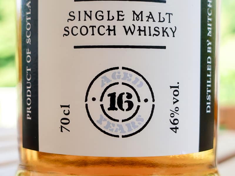 Kilkerran 16 year old whisky label detail showing the " Aged 16 years" statement