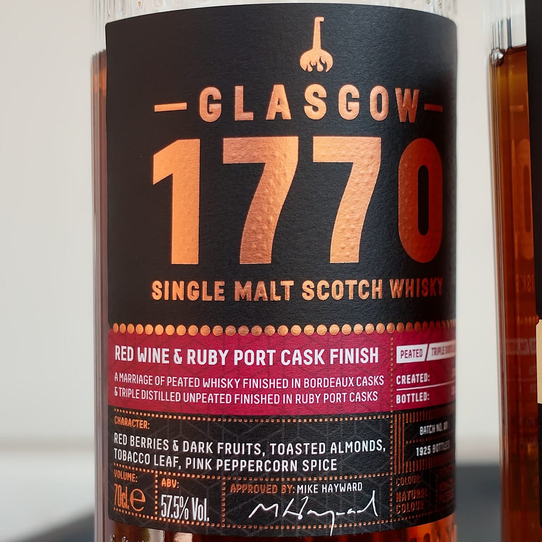 Glasgow 1770 Small Batch Series Red Wine and Ruby Port cask finish Batch 1 label detail describing the vatting used: Peated whisky finished in Bordeaux wine and triple distilled finished in ruby port