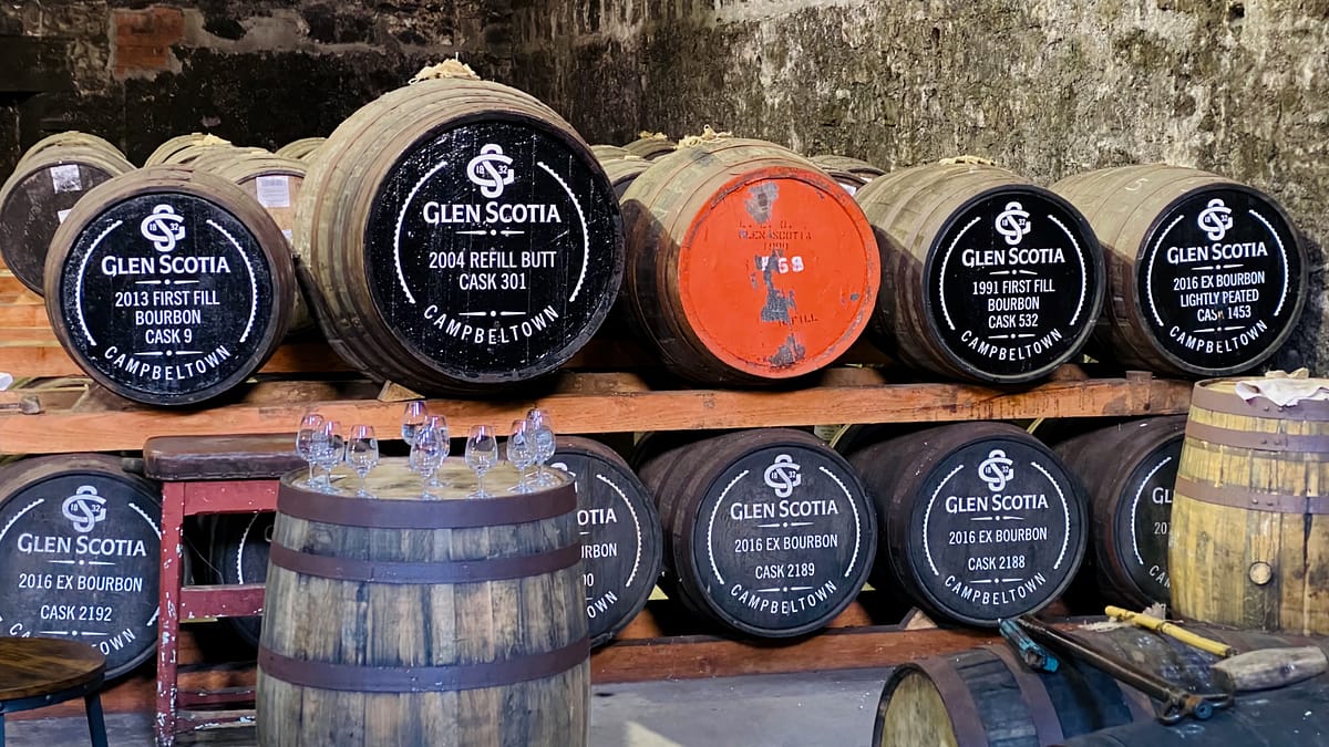Glen Scotia March 2024Warehouse tasting casks