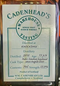 Label detail Cadenhead's Warehouse Tasting Knockdhu, 13 years old, Finished in PX hogshead