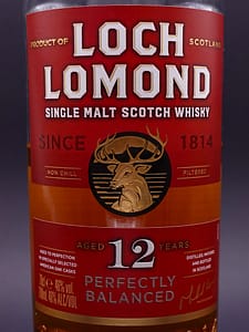 Detail of the label of the Loch Lomond 12 Perfectly Balanced, showing the Stag brand image