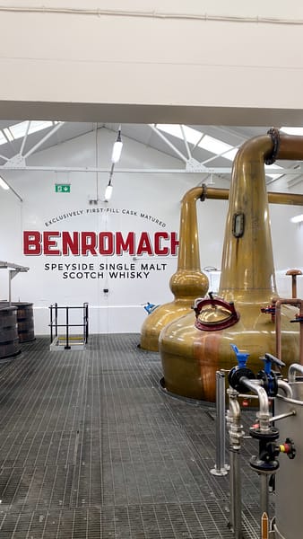 Benromach Distillery's still room showing the wash and spirit stills