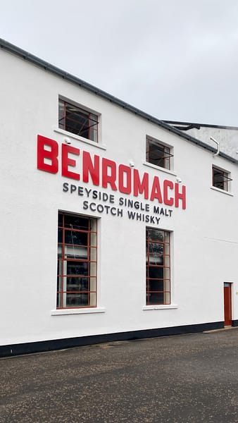 Benromach Distillery details showing the exterior of the visitors' centre