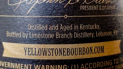 Yellowstone Hand Picked Single Barrel back label detail showing the whisky is generically distilled and aged in Kentucky and only bottled at the Yellowstone distillery
