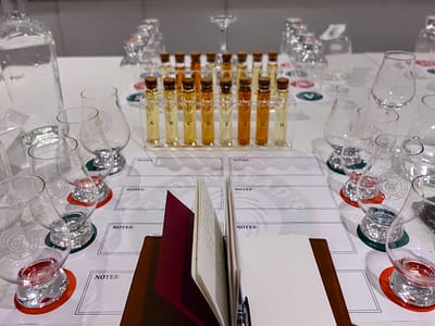 Cadenhead's Blending Lab setup: glasses, notes sheet, whisky samples in test tubes