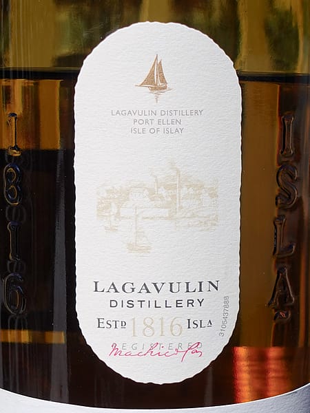Detail of the Lagavulin 8 top label shoeing the 1816 Set.d date and Port Ellen location of the distillery