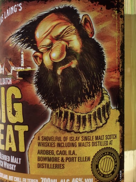 Douglas Laing's Big Peat Label detail highlighting the malts in the blend: Ardbeg, Caol Ila, Bowmore & Port Ellen