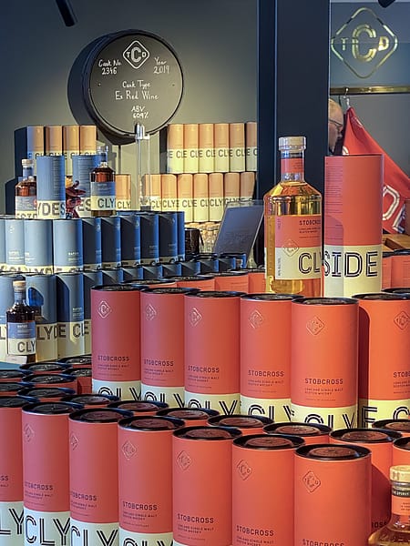 Cydeside distillery shop detail, showing the bottles for sale: Stobcross, Napier and the distillery exclusive wine cask