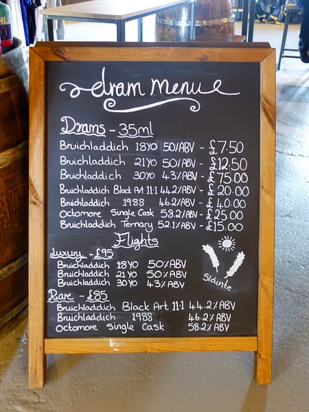 Bruichladdich's bar dram menu, showing the drams and dram flights available t