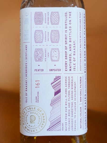 Isle of Raasay R02.1 side label showing the casks and spirit type used