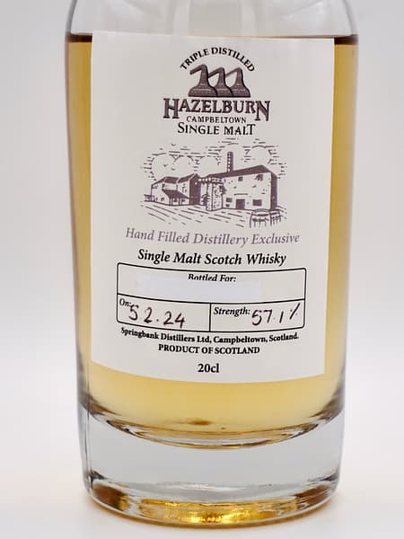 Springbank Distillery hand-filled exclusive 0.2 L Hazelburn bottle label showing the 57.1% abv
