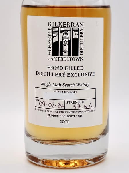 Springbank Distillery hand-filled exclusive 0.2 L Kilkerran bottle label showing the 57.6% abv