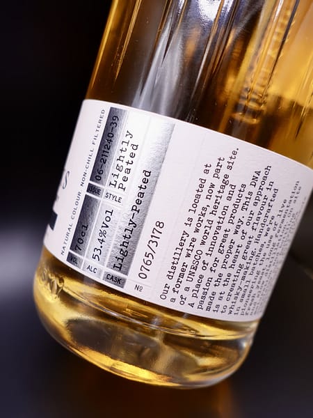 White Peak Wire Works Bourbon Barrel whisky label sowing the 53.4% abv and lightly peated style