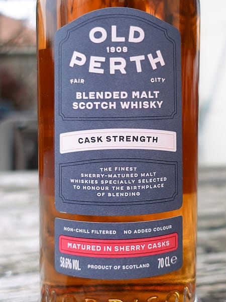 Old Perth Cask Strength whisky label showing the 58.6% ABV and the "Matured in Sherry Casks" label