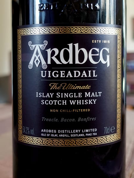 Ardbeg Uigeadail label showing the 54.2% abv alcohol content and the non-chill filtered indication