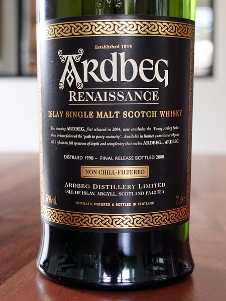 Ardbeg Renaissance bottle label detailing the distillation date,1998 and release date 2008
