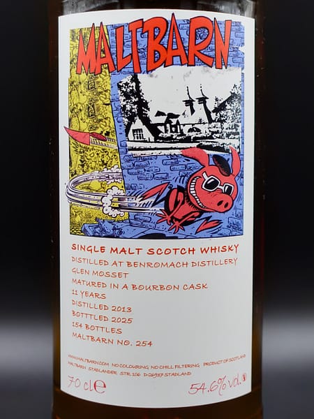 Label of the Maltbarn 2025 Glen Mosset single malt, an example of a whisky labelled under a synonym name