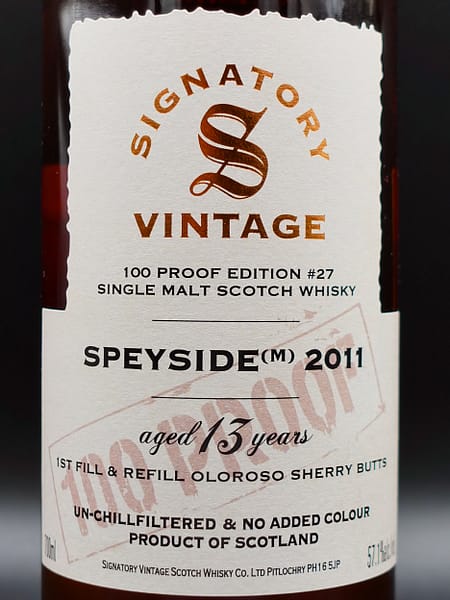 Label of the Signatory Vintage 2011 Speyside (M) single malt, an example of a whisky bottled under the name of the region of origin