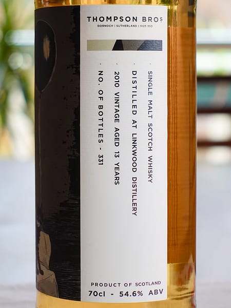 Front label detail of the Thompson Bros. 2010 Linkwood 13-year-old bottle showing age and number of bottles produced (331)