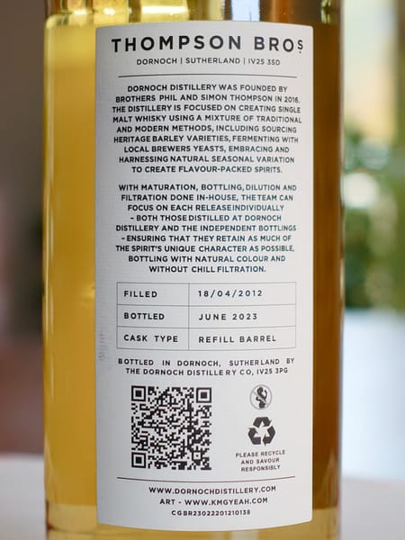 Thompson Bros Craigellachie 2012 11 year old back label detail, showing distillation & bottling dates and cask type used for ageing
