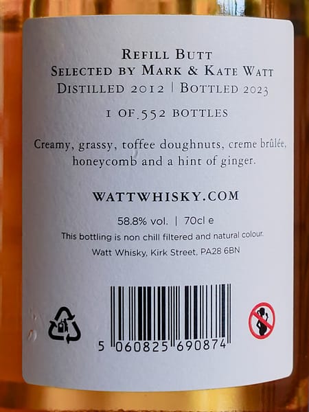 Watt Whisky Dailuaine 11 year old back label detail describing the cask as a refill butt and the total number of bottles produced as 552