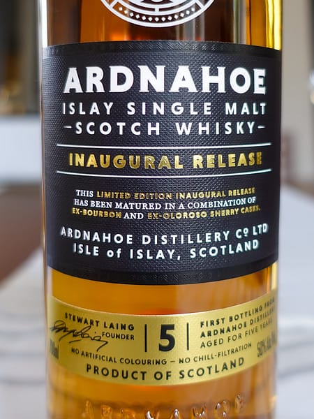 Ardnahoe Inaugural Release label detail showing the 5 year age statement