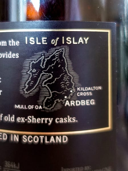 Ardbeg Uigeadail back label detail showing a map of Islay and the location of the distillery on the island
