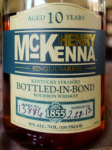Henry McKenna Single Barrel Bottled-in-Bond 10 year old, showing the barrel number 13886, and the barreling date, February 28th, 2013