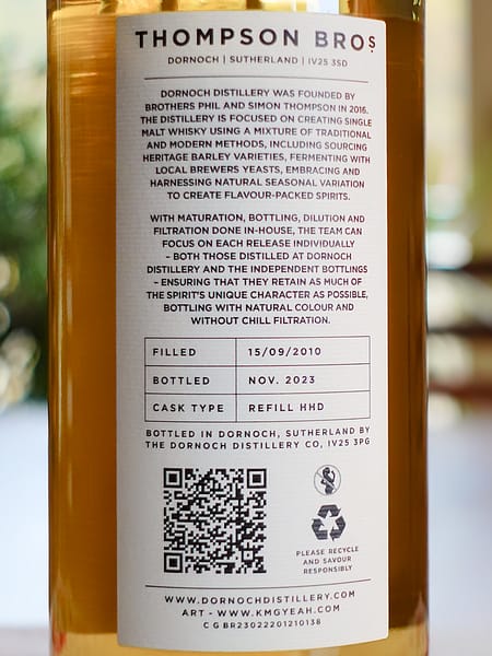 Back label detail of the Thompson Bros. 2010 Linkwood 13-year-old bottle indicating the cask type, a refill hogshead