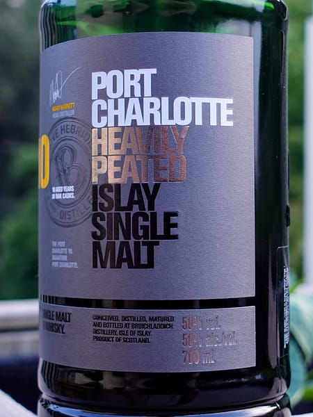 Port Charlotte 10 label detail showing the Islay single malt denomination and 50% abv