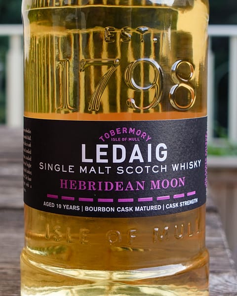 Ledaig Hebridean Moon label showing the 10 year old and cask strength statements