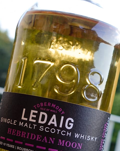 Ledaig Hebridean Moon bottle detail showing the backlight enbossed 1798 founding date