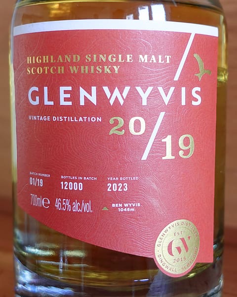 Glenwyvis 2019 label indicating the 2023 bottling date