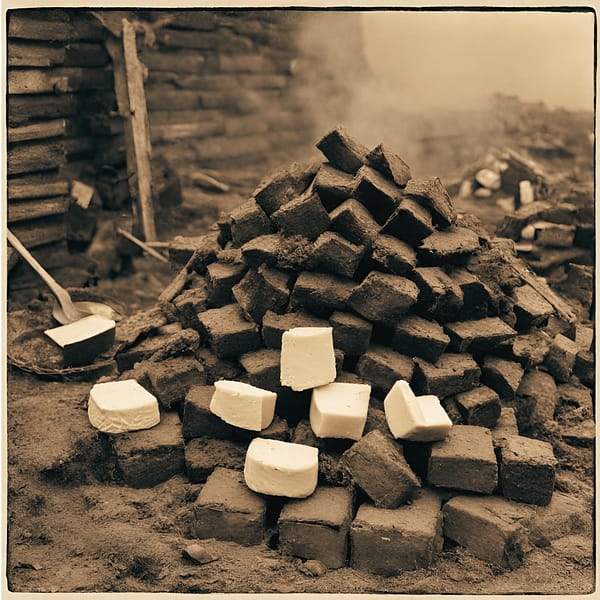 AI-generated vintage image of a stack of peat and cheese blocks