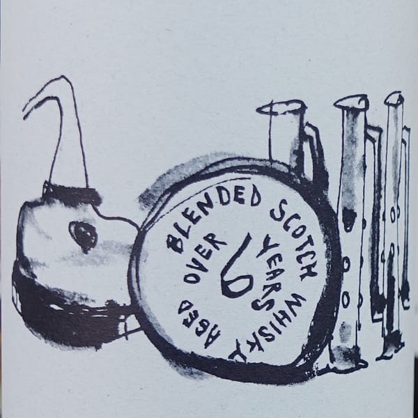 Detail of the Thompson Bros label showing the artwork from Japanese design company KK Hiroshima, depicting pot and column stills and a barrel with the text "Blended Scotch Whiskey Aged over 6 years"