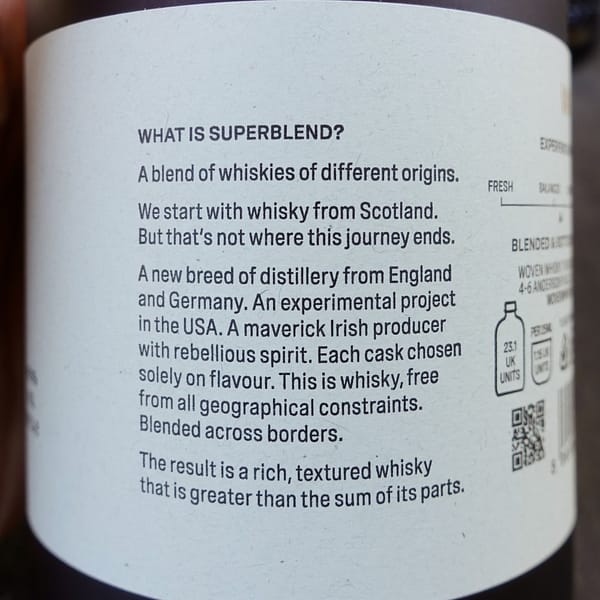 Woven Superblend back label describing the across borders blending philosophy