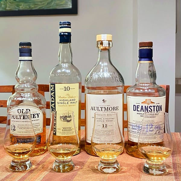 4 bottles of single malt whisky aged exclusively in ex-bourbon casks: Old Pulteney 12, Glencadam 10, Aultmore 12 and Deanston 12.