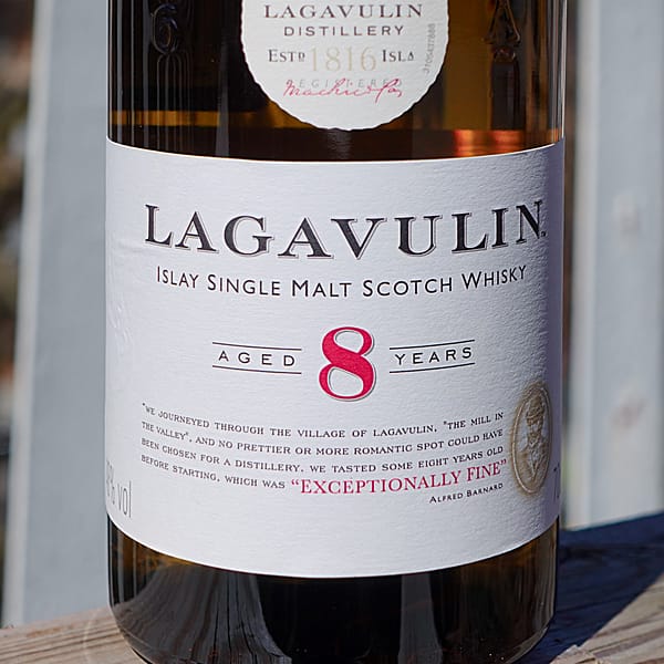 Detail of the Lagavulin 8 bottom label carrying Alfred Barnards quote from the 1880's declaring the 8-year-old as "exceptionally fine"