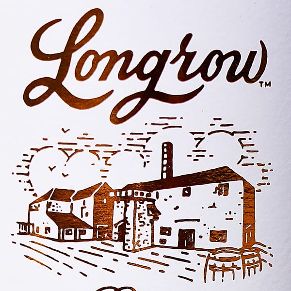 Longrow label detail showing a drawing of the distillery